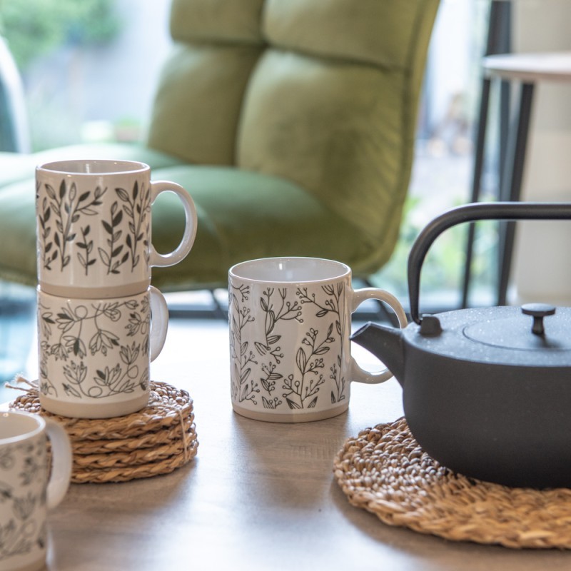 Set 4 tazze mug bianche in ceramica decorate con piante